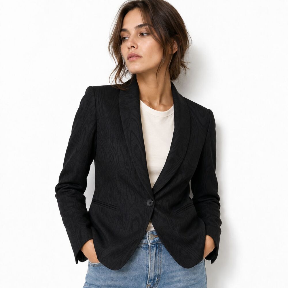 Rachel Comey Black Wood Grain Print One Button Blazer Jacket Size 8 Quiet Luxury